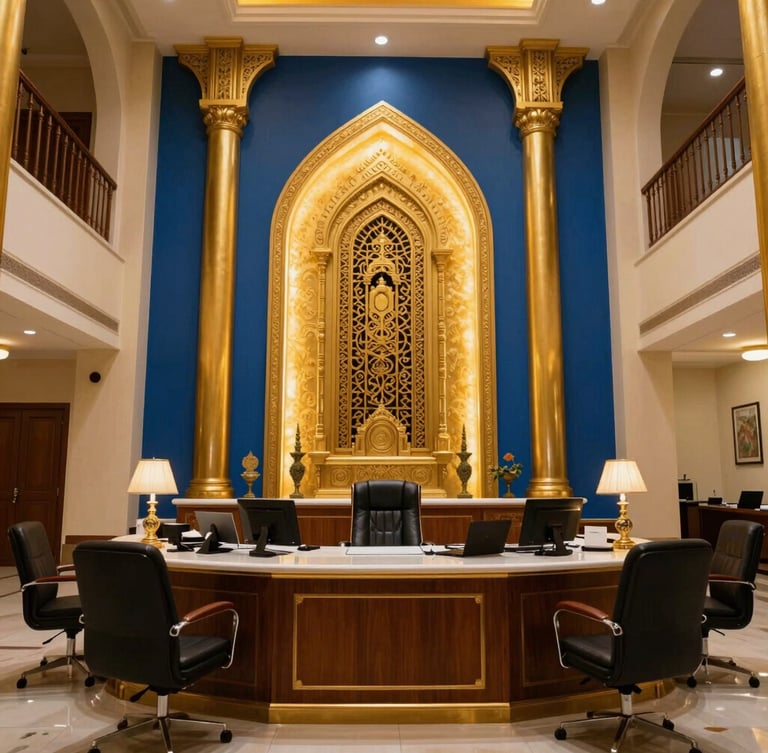 Vibrant editorial photography of a modern church administrative office in Dubai, warm dramatic lighting, gold accents, professional and welcoming atmosphere.