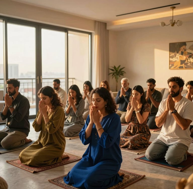 Vibrant portrait of community members praying together in a warm home cell setting, expressive faces, soft golden-hour window light, modern Dubai apartment interior, rich editorial depth.