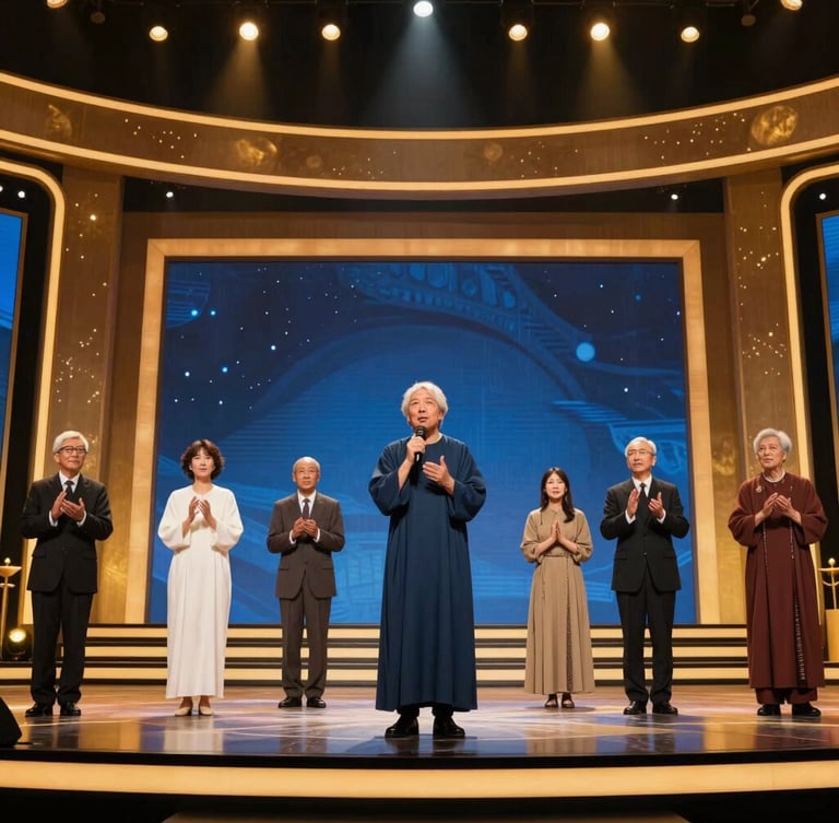 Prophetic leaders speaking with authority on a modern stage, warm dramatic stage lighting, rich gold accents, wide-angle capture