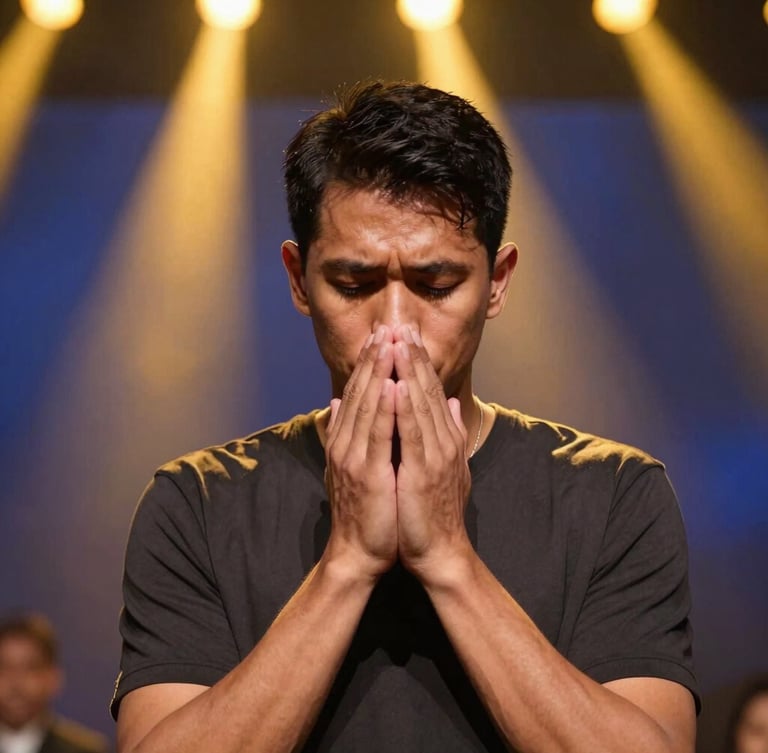 Warm medium close-up of an international guest praying with deep emotion, dramatic golden stage lighting casting a soft glow, professional editorial photography.