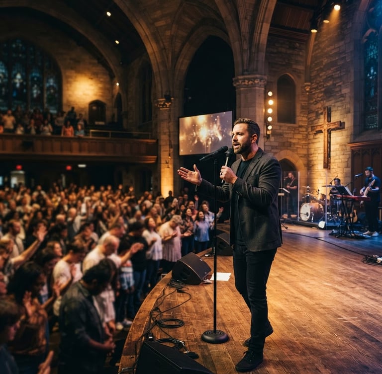 Dynamic wide-angle shot of a worship leader speaking with authority on a stage bathed in warm golden light, large crowd in soft focus, majestic church atmosphere.