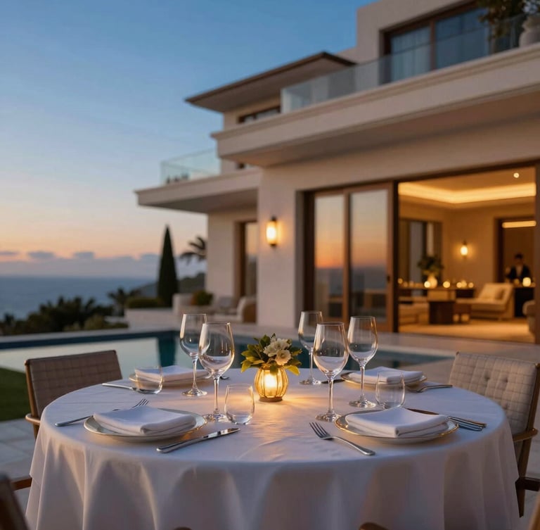 Close-up of a bespoke dining setup in a luxury villa, soft evening light, high-contrast detail shot, 35mm, warm editorial photography, golden-hour and twilight lighting