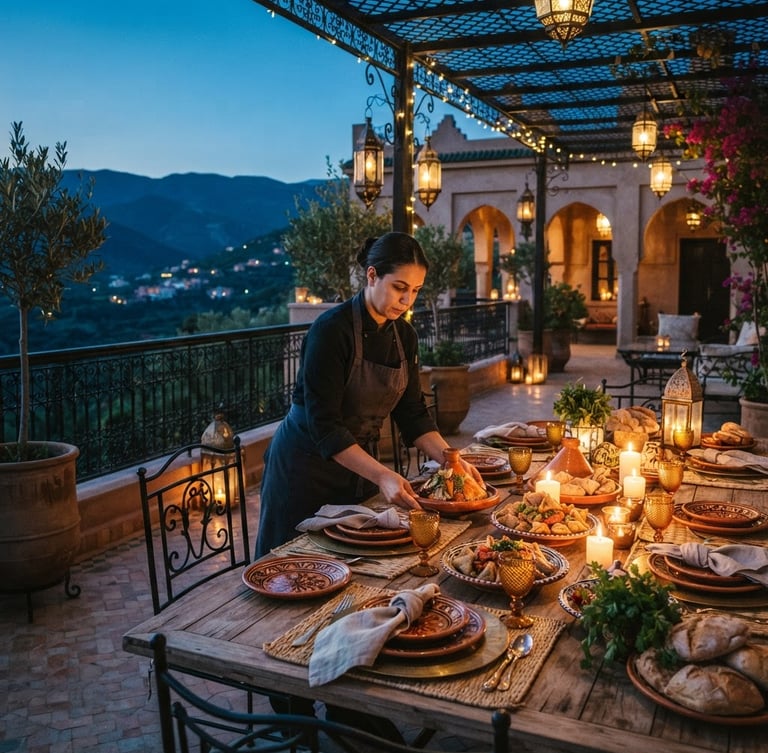 A private chef meticulously arranging a gourmet Moroccan dinner on a candlelit villa terrace at twilight, elegant place settings, soft golden light, wide architectural angle, 35mm.