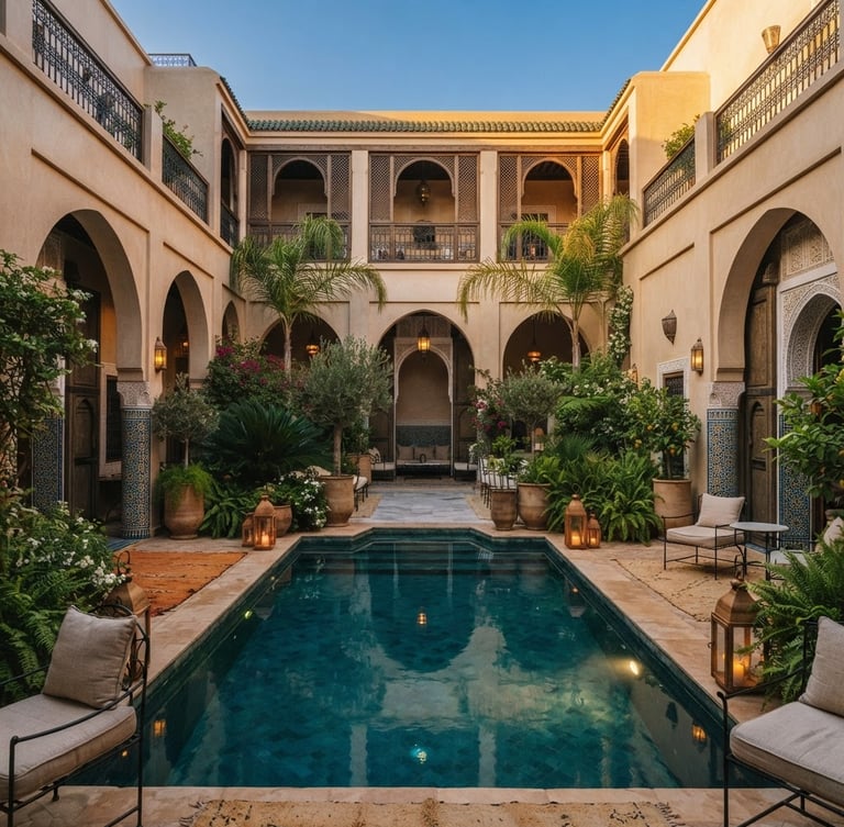 Wide architectural shot of a luxurious riad courtyard with a private pool at golden hour, soft light, lush greenery, no people, minimalist Moroccan design, 35mm