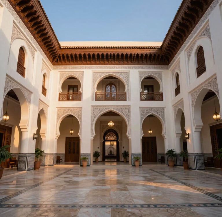 Wide architectural shot of a luxurious Marrakech villa interior, featuring a grand, empty living space with high ceilings and traditional Moroccan details, bathed in soft morning light, focus on elegant design and privacy, 35mm.