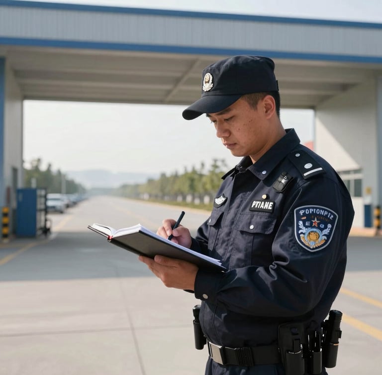 Wide environmental photograph of a disciplined security officer in a crisp navy blue uniform conducting a security logbook check at a modern logistics facility gate, bright natural morning daylight.