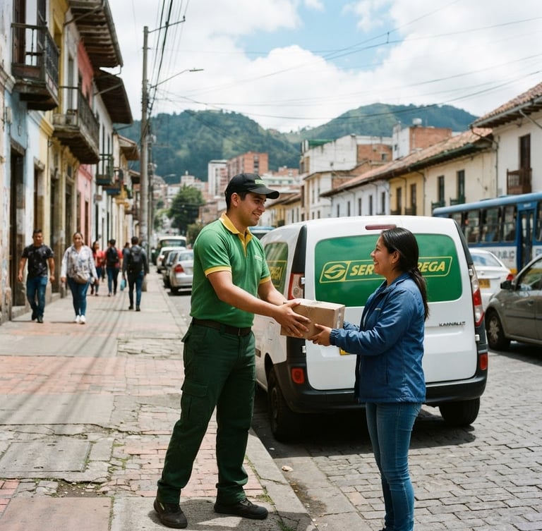 Official Servientrega delivery truck parked on a bright street in Bogotá, professional courier in green uniform handing a package, natural daylight, sharp focus, 35mm