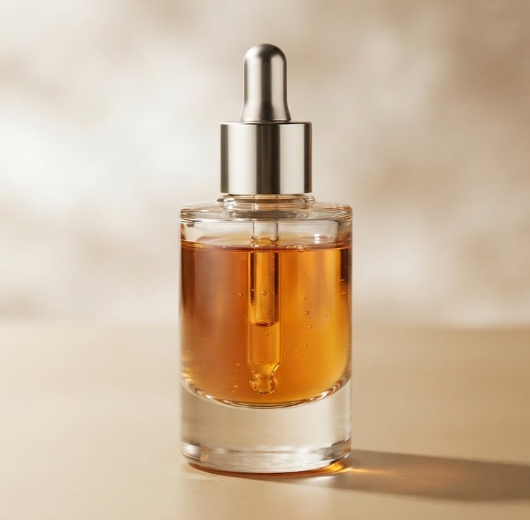 Macro studio photography of a heavy glass serum bottle, amber liquid visible, reflecting soft directional light against a warm champagne background, elegant shadows, premium beauty editorial style.