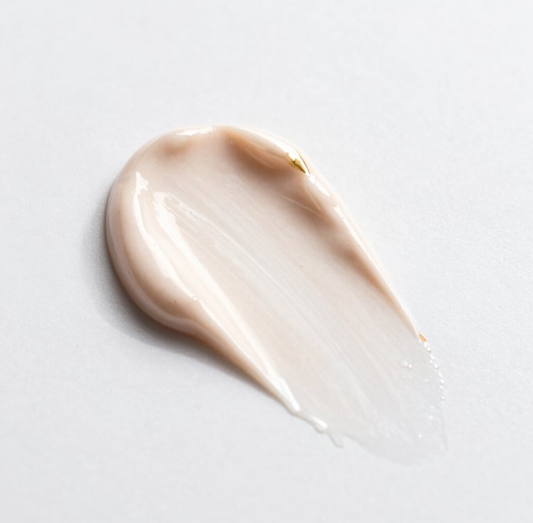 Macro texture shot of rich cosmetic cream swatched on a clean white surface, soft directional studio lighting, champagne gold accents
