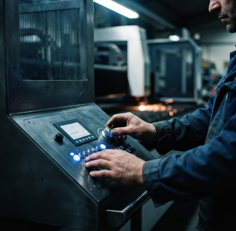 Industrial editorial photography of a CNC fiber laser control panel, glowing blue indicators, hands of a specialist calibrating settings, sharp focus, 35mm