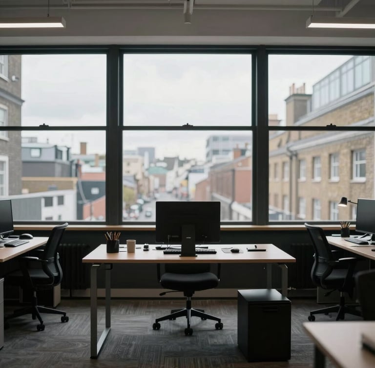 Straight-on eye-level view of a clean, organized London commercial workspace with large windows showing overcast daylight, minimalist desk setup.