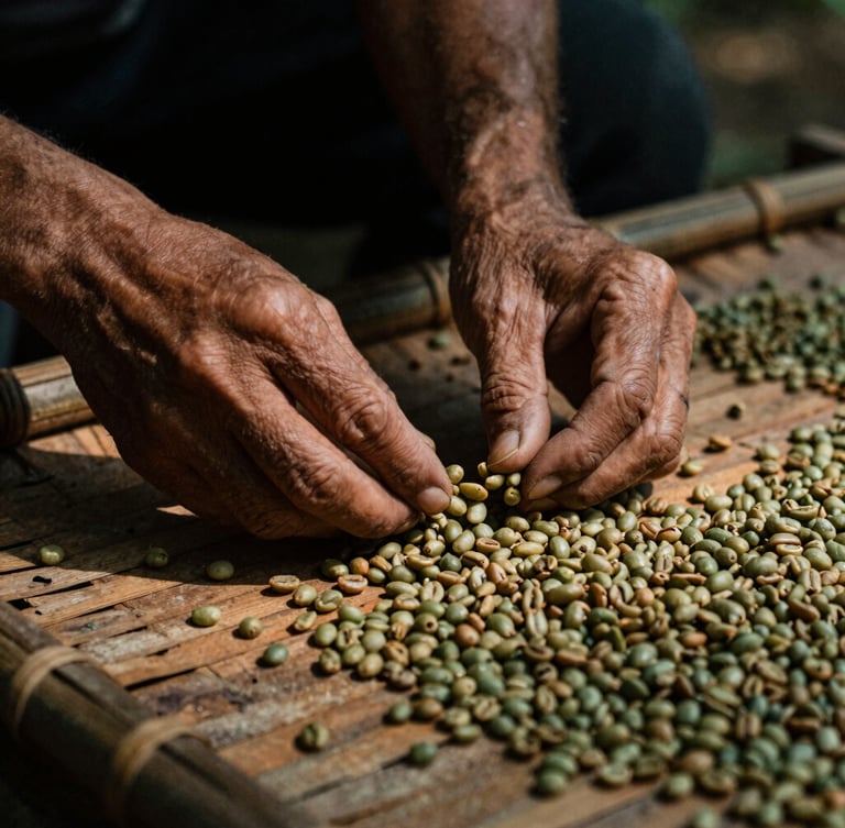 Macro shot of weathered hands carefully sorting sun-drying green coffee beans on a traditional bamboo mat, soft natural side light, deep shadows, rich textures.