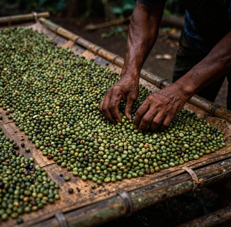 Hands of an Indonesian farmer sorting sun-drying green coffee beans on a traditional bamboo mat, low-key natural light, rich earth textures.