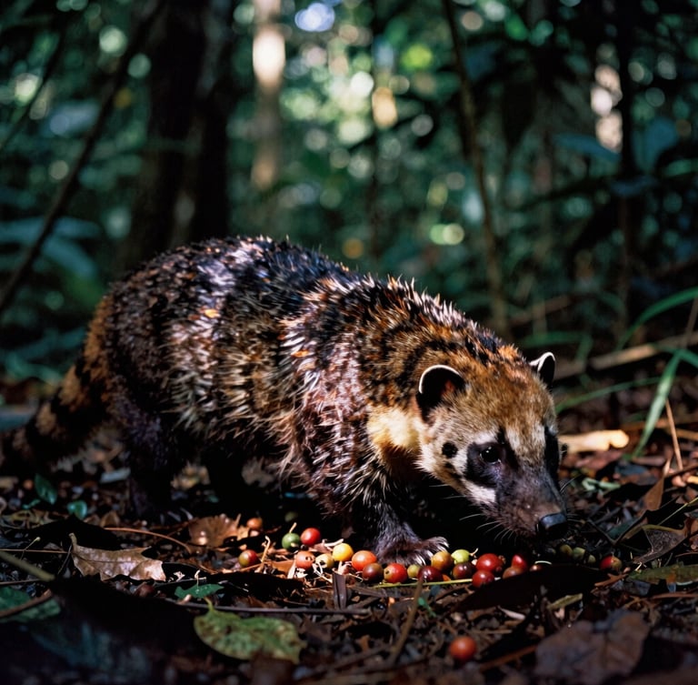 Moody close-up of wild civet coffee cherries resting on the forest floor, dappled golden sunlight filtering through a dense Indonesian rainforest canopy, rich dark earth tones, 35mm film grain.