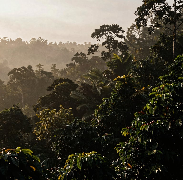 Wide environmental landscape of mist-shrouded Sumatran coffee forest canopy at dawn, golden-hour light filtering through leaves, deep shadows.