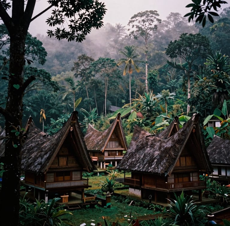 Moody 35mm film shot of misty South Sulawesi highlands, traditional Torajan ancestral houses with curved roofs visible under a canopy of forest trees, low-key natural light.