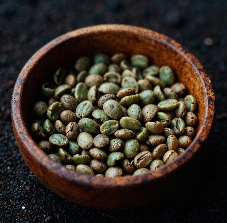Moody close-up of wild-foraged green coffee beans in a weathered wood bowl, low-key natural light, 35mm film grain, volcanic soil textures.