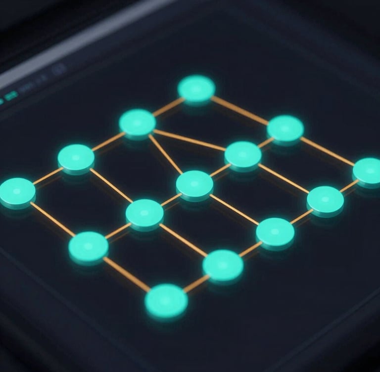 A clean node-based architecture diagram of a multi-agent workflow, glowing neon-cyan nodes connected by amber lines on a dark obsidian background, sharp technical schematic style.