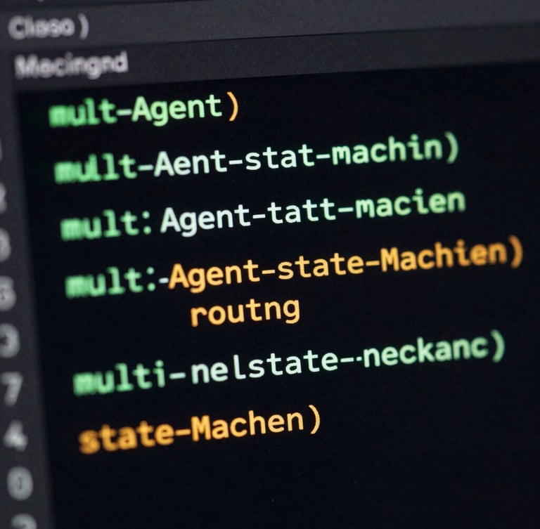 A high-contrast terminal screen showing running Python code for multi-agent state-machine routing, neon cyan and amber syntax highlighting, dark mode UI, macro lens, shallow depth of field.