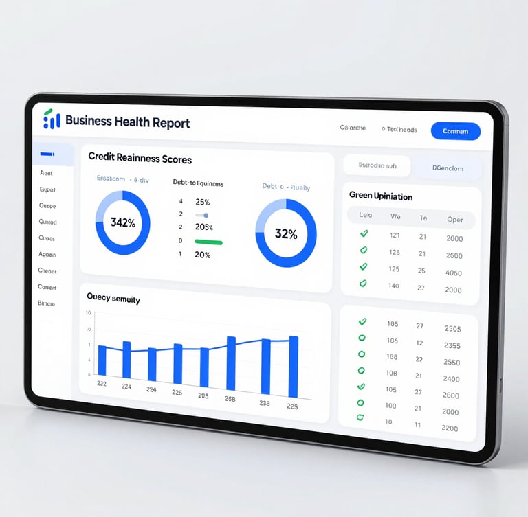 A high-fidelity digital dashboard mockup displaying a detailed Business Health Report with credit readiness scores, debt-to-equity ratios, and green optimization checklists