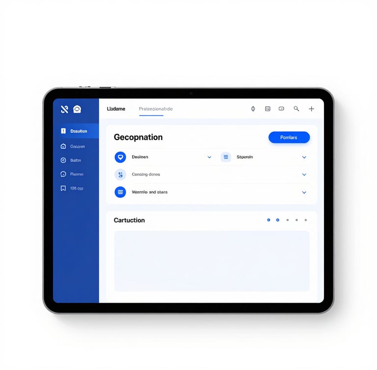 Clean minimalist UI dashboard mockup on a modern tablet, bright high-key studio lighting, crisp corporate blue tones, sharp focus
