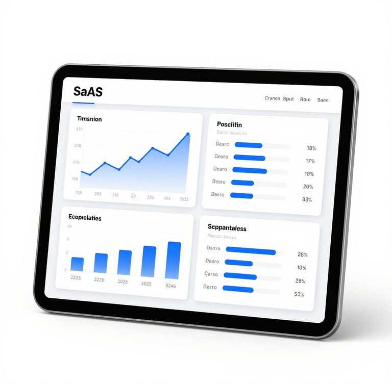 A bright, high-key studio photograph of a modern tablet displaying financial charts and SaaS dashboards, crisp white and corporate blue tones, sharp focus.