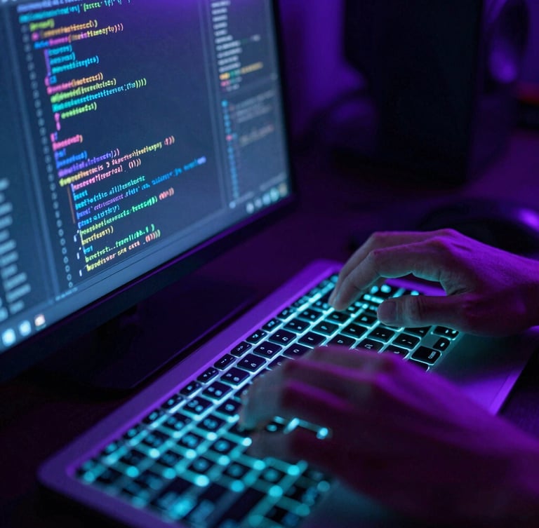 Close-up of a developer's hands typing complex code on a glowing keyboard, neon cyan and purple ambient light reflecting off the screen, dark-mode tech photography, 35mm