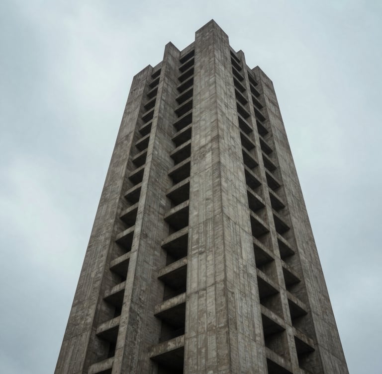 Stark brutalist concrete tower rising into an overcast sky, sharp vertical lines, cold directional lighting, wide panoramic crop.