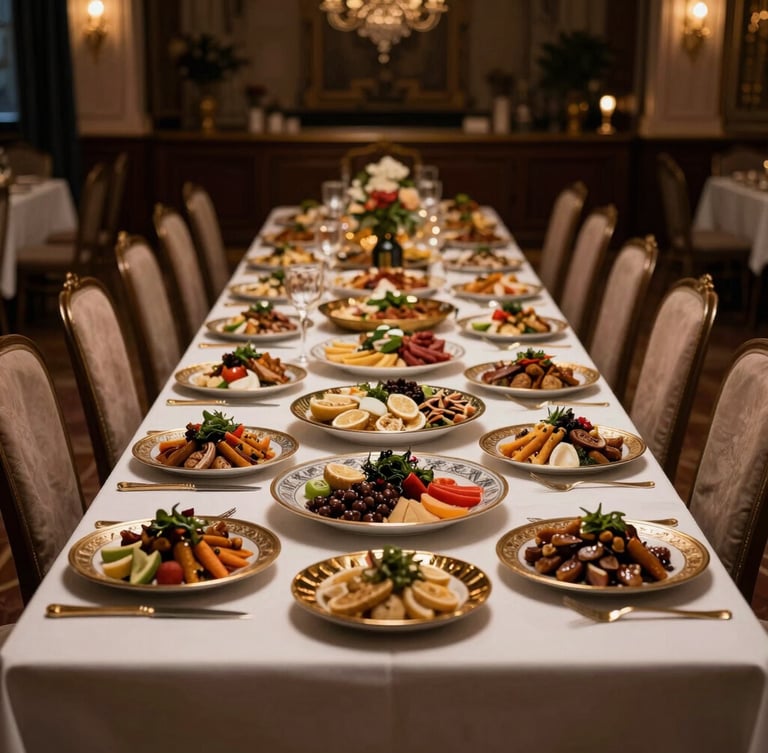 A grand banquet hall in Gothenburg, beautifully decorated long tables with white linen and gold accents under warm ambient lighting, exquisite Middle Eastern platters, editorial food photography
