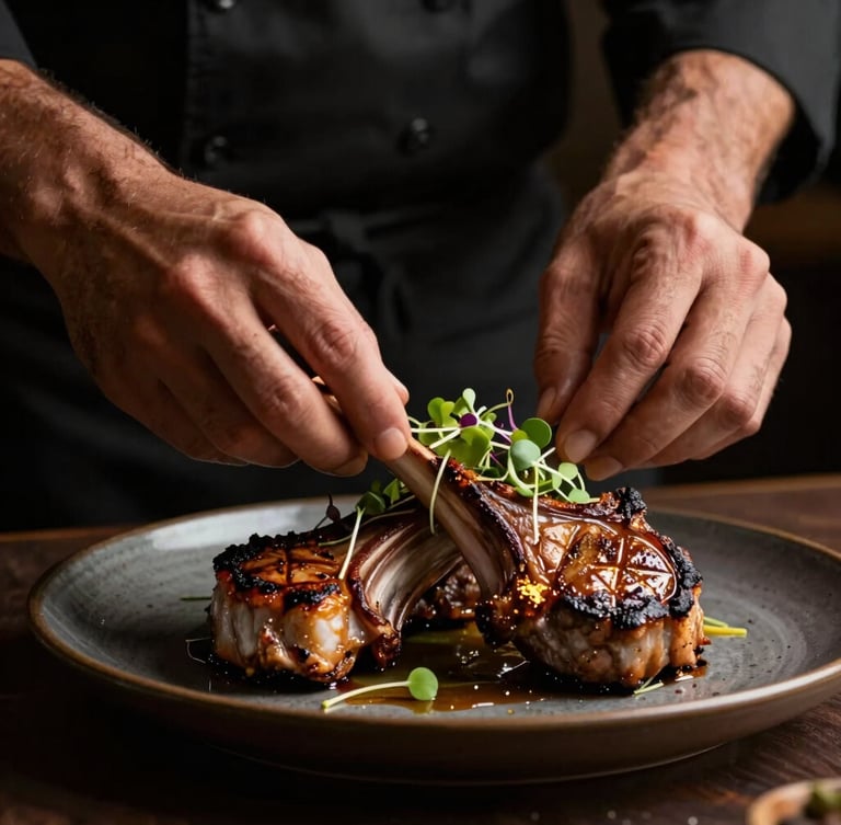 Chef Ammouri meticulously arranging micro-greens on a beautifully seared lamb chop, dark editorial style, warm side-lighting, rich textures