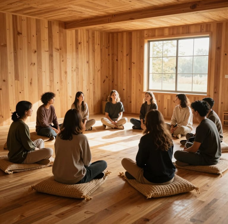 Medium-wide environmental shot of a warm, sunlit room with natural cedar wood textures, a group of people sitting in a circle on woven blankets, soft golden hour light filtering through a window, quiet and safe atmosphere.