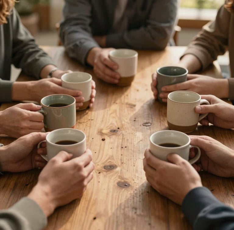 Wide environmental shot of hands holding warm ceramic mugs around a rustic cedar table, soft golden hour light, representing community-held space.