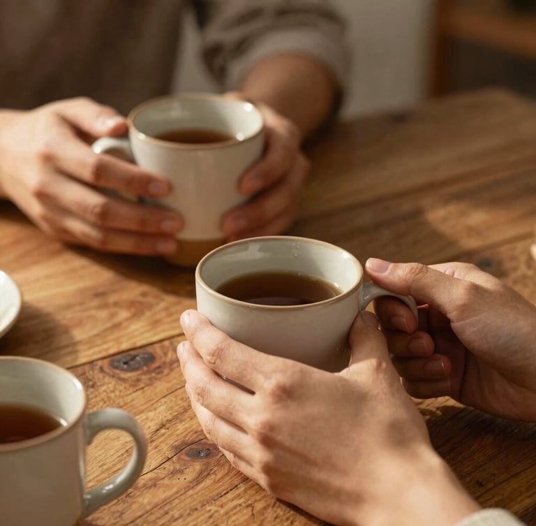 Close-up of hands holding warm ceramic mugs around a rustic cedar table, soft natural golden hour light.