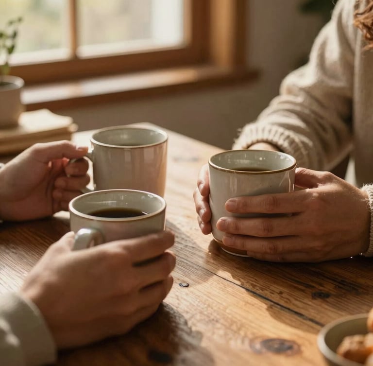 A close-up of hands holding warm ceramic mugs around a rustic cedar table, soft golden hour light filtering through a window, natural woven blankets visible.