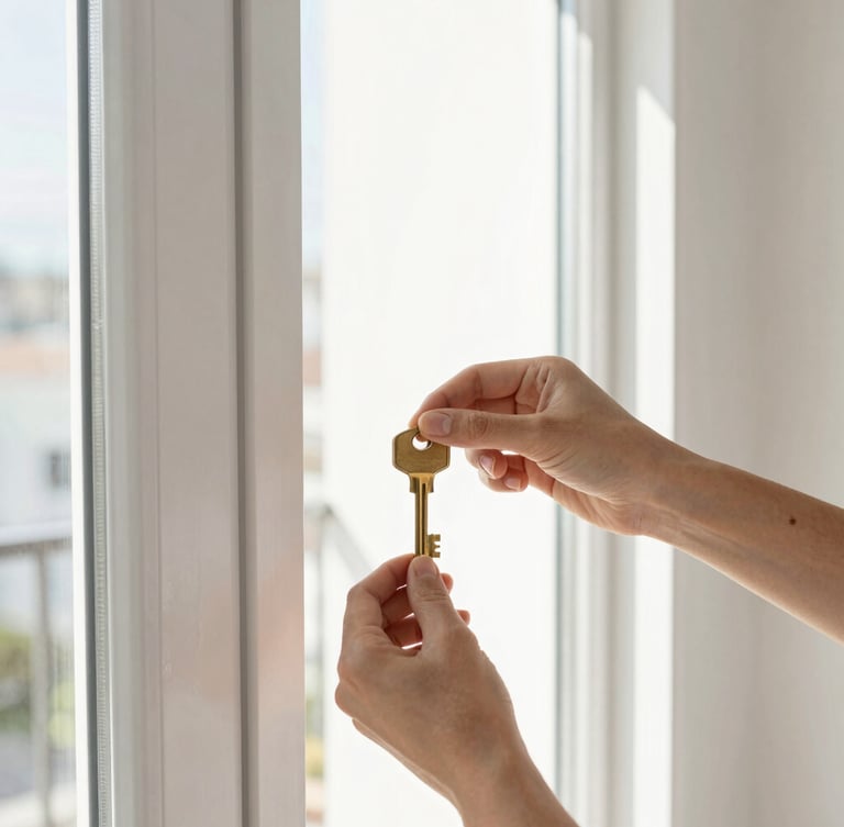 Close-up of hands holding a brass key in front of a bright, sunlit modern apartment doorway, clean high-contrast composition