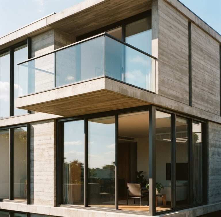 Bright modern architectural detail of a concrete and glass residential building under bright natural daylight, clean lines, high-contrast warm editorial style