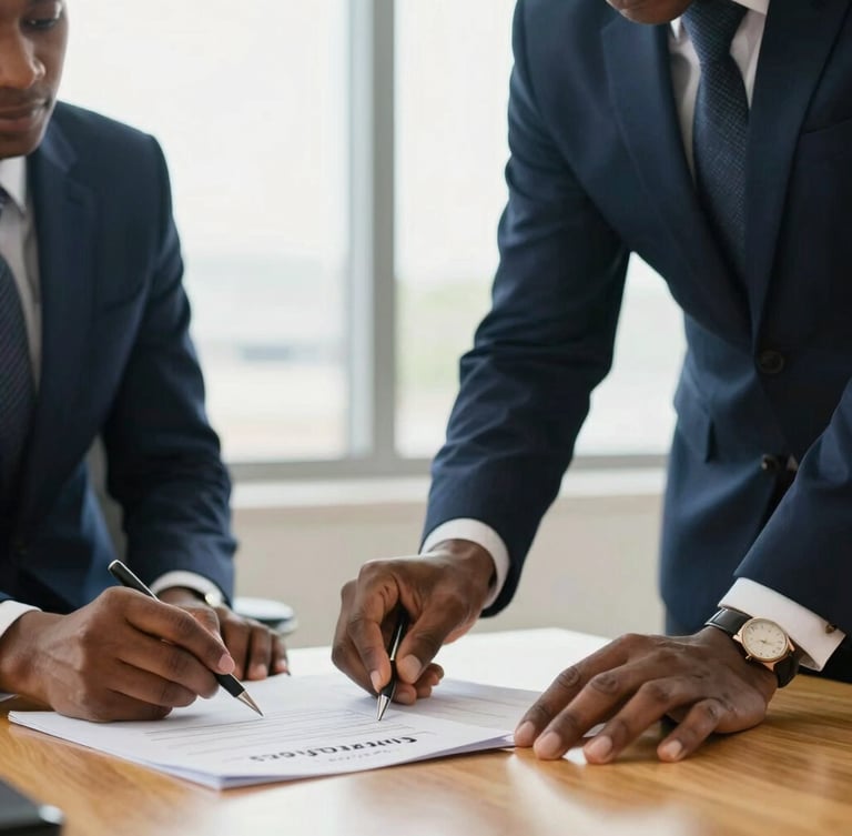 Close-up editorial portrait of two business partners in a bright Conakry boardroom, reviewing signed trade documents in natural daylight, sharp focus.
