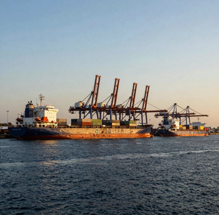 Wide environmental shot of Conakry port infrastructure at dawn, deep navy water, cargo ships framed by warm gold daylight, editorial corporate photography style.