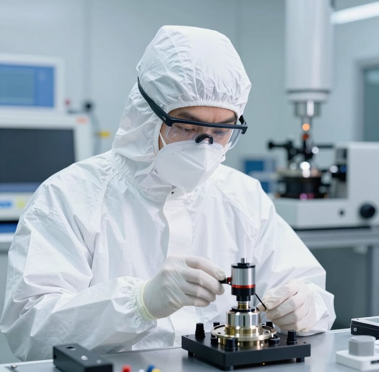 Portrait photo of a cleanroom technician in a full bunny suit, meticulously assembling optical components under high-key lighting. The background shows sterile equipment and a glimpse of a laser alignment system. industrial technical photography, cool high-key cleanroom light, sharp focus, precision optical elements, 35mm lens