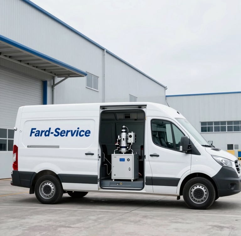 Branded field-service vehicle parked outside a modern industrial facility, crisp overcast daylight, showing technical equipment being unloaded.