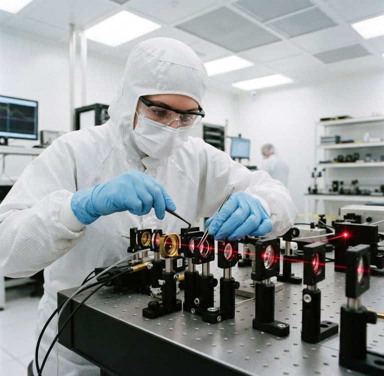 Cleanroom technician in full bunny suit assembling a precision optical system, laser alignment tools visible, high-key cleanroom lighting, sharp focus on hands and optical elements.