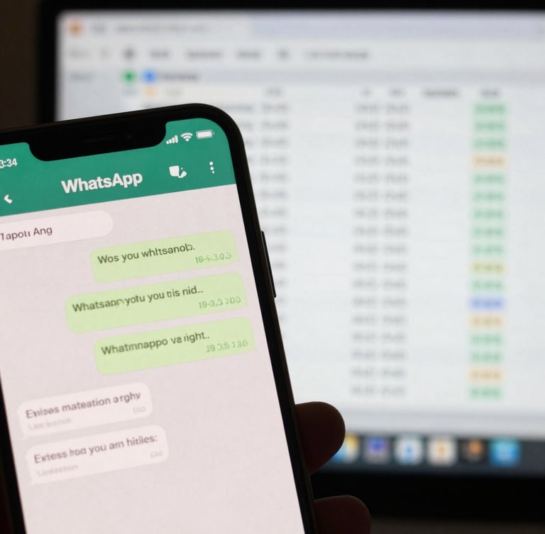Close-up of a mobile screen displaying a clean WhatsApp automated chat flow next to a desktop ledger interface showing matching cash flow updates.