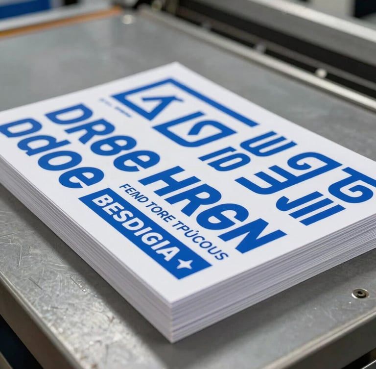 A wide angle shot of a freshly printed stack of high-contrast marketing flyers on a heavy industrial cutting table, showing sharp blue ink details.