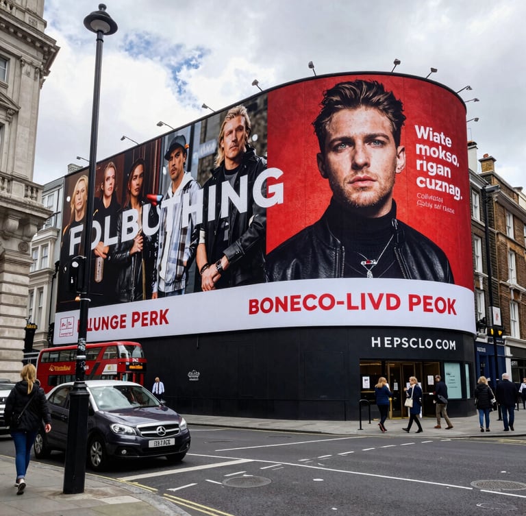 A high-contrast split composition showing a massive highway billboard frame on the left, and a smartphone screen displaying a bold social media advertisement on the right, bright daylight.