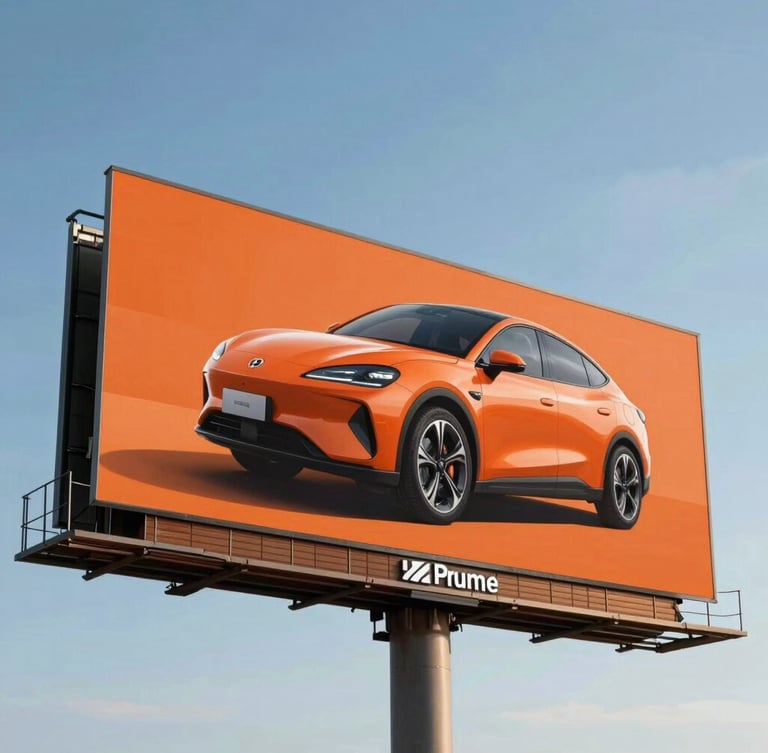 Wide environmental shot of a massive 40-foot highway billboard under bright daylight, displaying bold orange automotive branding against a clear blue sky.