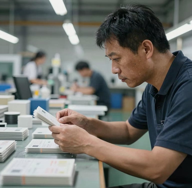 Jack inspecting products on a factory floor in Shenzhen, natural industrial lighting, close-up on hands checking a product, realistic muted colors, 35mm lens, candid and unpolished