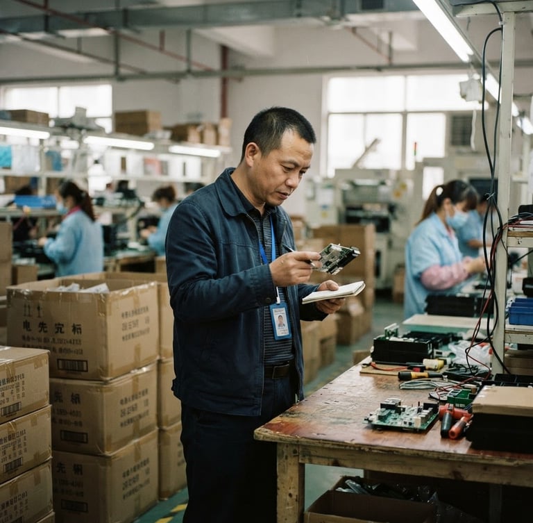 Jack, a Chinese sourcing agent, on a Shenzhen factory floor, inspecting products, natural industrial lighting, candid medium shot, showing real-world action, raw cardboard cartons in background, 35mm lens.