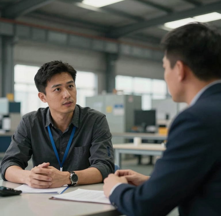 Portrait shot of Jack, a personal sourcing agent, actively engaged in a negotiation with a Chinese factory manager, both seated at a table, showing focused expressions, natural industrial warehouse lighting, realistic muted colors, 35mm lens, candid and unpolished