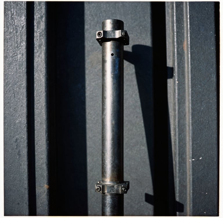 Close-up portrait shot of a tactical breaching tool (e.g., hydraulic spreader or ballistic ram) with heavy steel door fragments in the background, harsh direct sunlight, dark charcoal and metallic tones, sharp focus, 35mm film grain, action-oriented