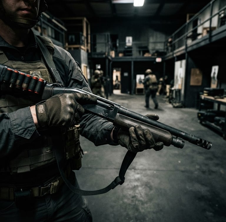 Close-up of an operator's hands manipulating a ballistic breaching shotgun, high-contrast lighting, dark tactical gear, sharp focus, muzzle flash contained, wide panoramic view of a training facility in the background.